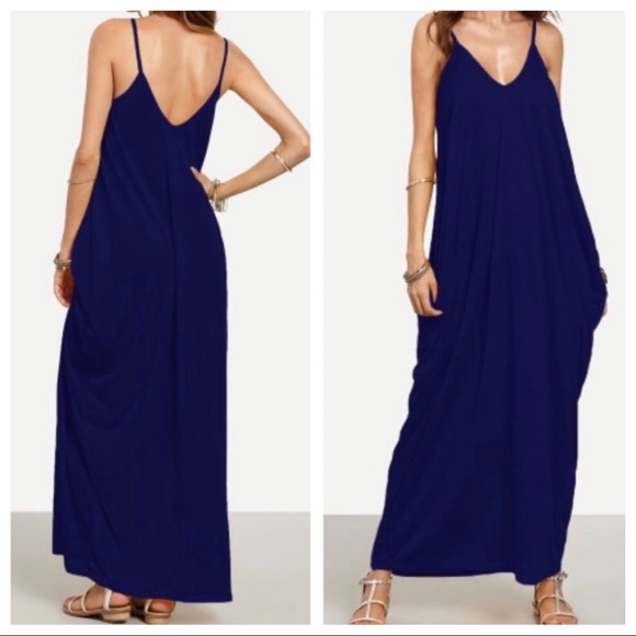 NAVY BLUE LOOSE FIT SIDE POCKETS TANK MAXI DRESS - Picture 11 of 11
